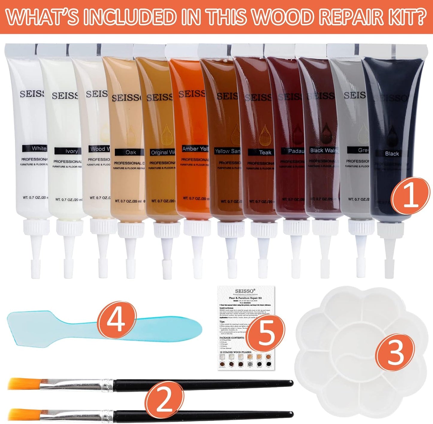 SEISSO Wood Scratch Repair Kit, 12 Colors Wood Filler Putty for Scratches Furniture Markers Touch Up Vinyl Floor Repair Kit - Restore a Finish, Cover Hardwood Scratches, Cracks, Hole, Table, Door