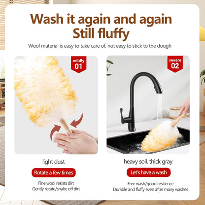 Lambswool Duster for Cleaning with Solid Wooden Handle Leather Hang Strap 19.6 inch Natural Feather Duster for Cleaning Ceiling Fans Window Blinds Computer Furniture(2 Pack)