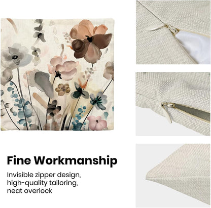 CXMEIFLY Spring Floral Pillow Covers 18 x 18 Inch Set of 2 for Watercolor Flowers Decor Throw Pillows Teal Brown Leaves Plant Floral Outdoor Decorative Cushion Cases for Couch Bed Decorations