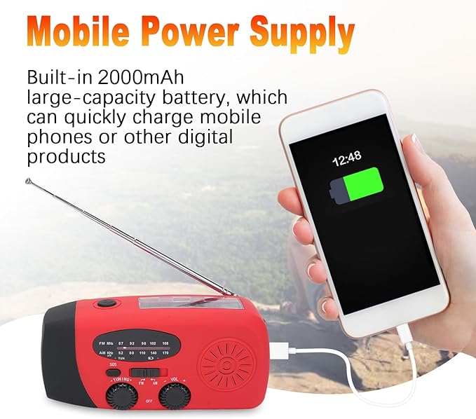 2000mAh Wind Up Radio, Portable Solar Emergency Radio with SOS Alarm, AM FM Weather and Torch, for Power Outage Camping Hiking (Red)