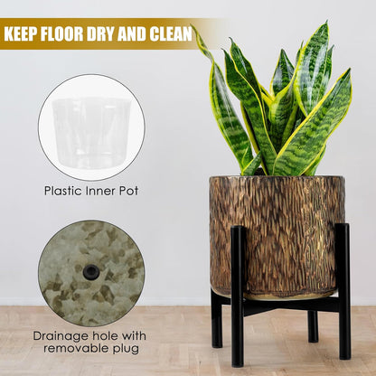 Harvest Land Plant Pots with Stand, Set of 2 Large Modern Planters Metal Tall Handmade Flower Pots with Drainage Holes Indoor Outdoor,Bronze