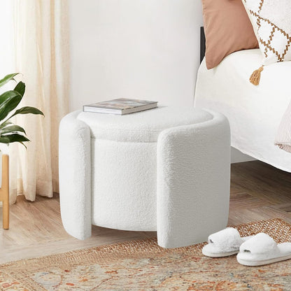 Furniliving Upholstered Button Tufted Round Ottoman, Ottoman with Storage, Teddy Footrest Stool, Removable Lid Convenient Footstools, Bedroom Ottomans with Storage for Vanity, Living Room, White