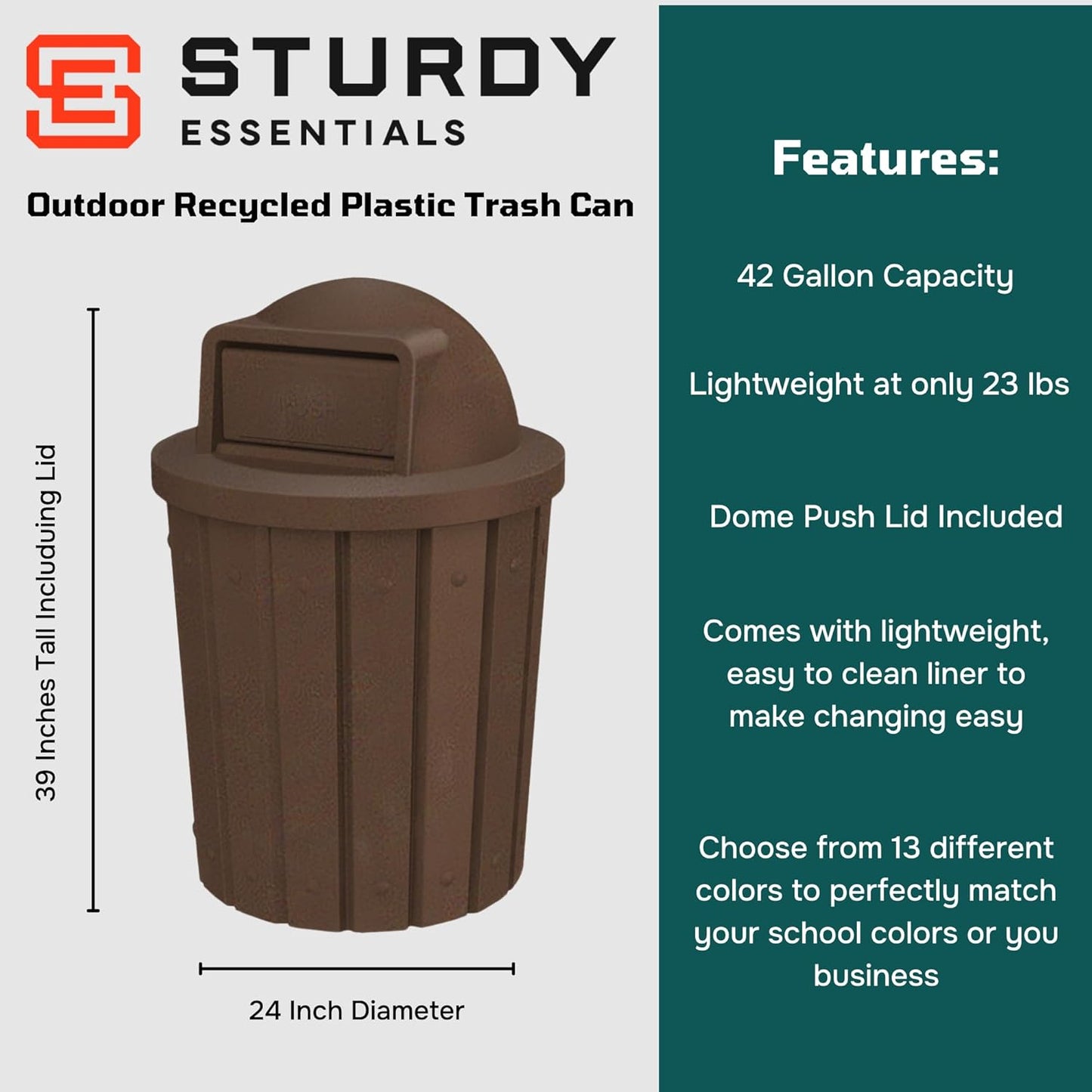 42 Gallon Slated Circle 100% Recycled Plastic Commercial Outdoor or Indoor Trash Can with Push Open Dome Lid and Internal Liner | Great for Schools and Businesses - Brown Granite