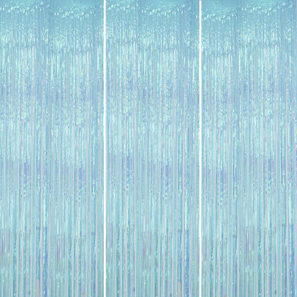 3 Pack Foil Fringe Backdrop - Transparent Blue Shiny Tinsel Curtains for Party Decoration/Photo Booth Props - 3.3x8.2FT Metallic Foil Backdrop for Birthday, Wedding, Graduation, Christmas