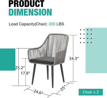 Patiorama Outdoor Dining Chairs, Patio Dining Chair Set of 2, All-Weather Woven Rope Rattan Chairs, Outdoor Dining Wicker Chairs with Armrests for Indoor Balcony Pool Backyard(Gray)
