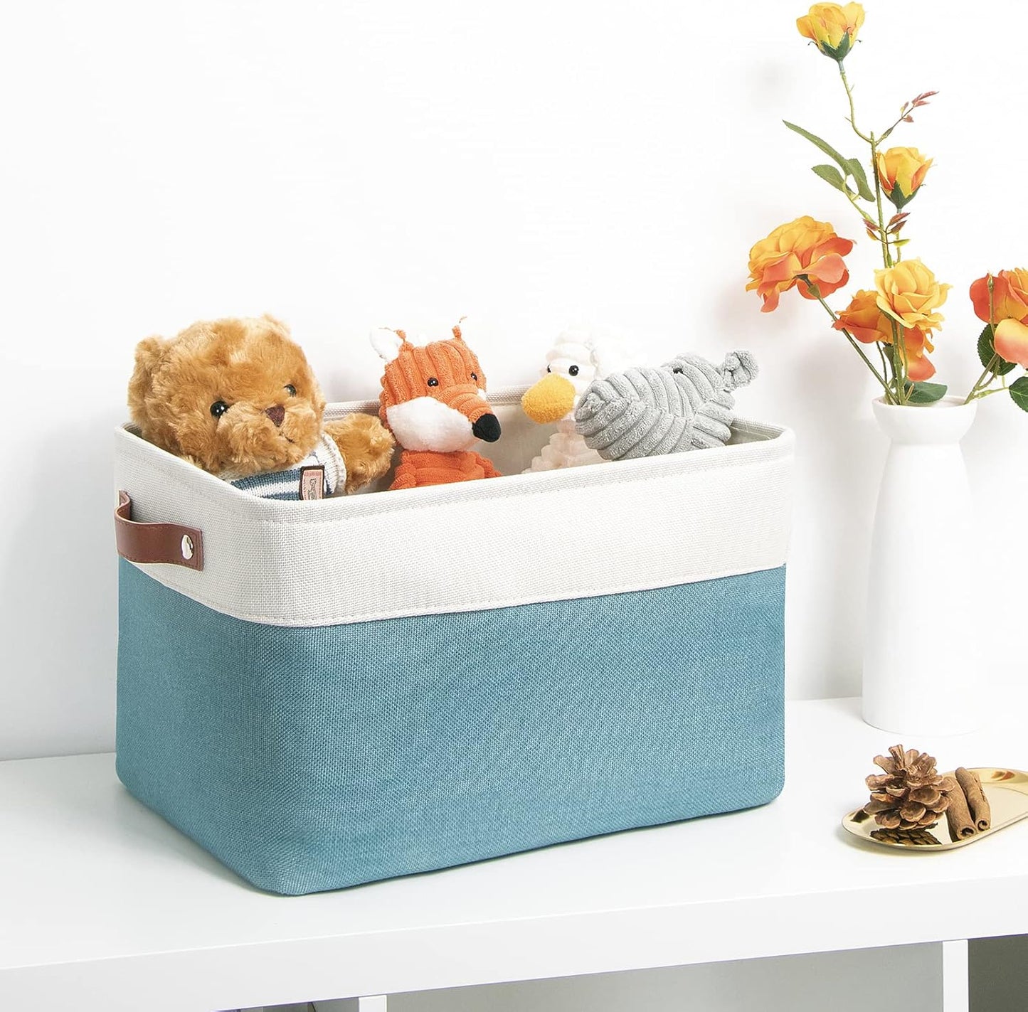 DULLEMELO Fabric Storage Basket for Shelves/Closets, Collapsible Rectangle Basket for Organizing Clothes, Toys, Towels, Books, Laundry, Nursery, Dog Toy Basket Empty (White&Teal)