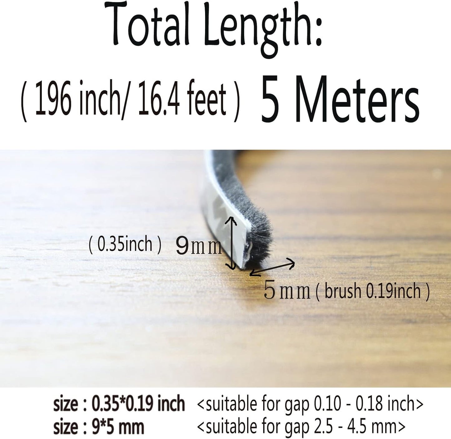 Felt Weather Stripping Door Seal Brush for Sliding Windows, Pile Self Adhesive Weatherstrip Sealer Draft Stoppers (16.5ft x11/32 x 3/16 Brush inch, Black)