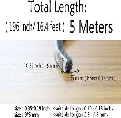 Felt Weather Stripping Door Seal Brush for Sliding Windows, Pile Self Adhesive Weatherstrip Sealer Draft Stoppers (16.5ft x11/32 x 3/16 Brush inch, Black)