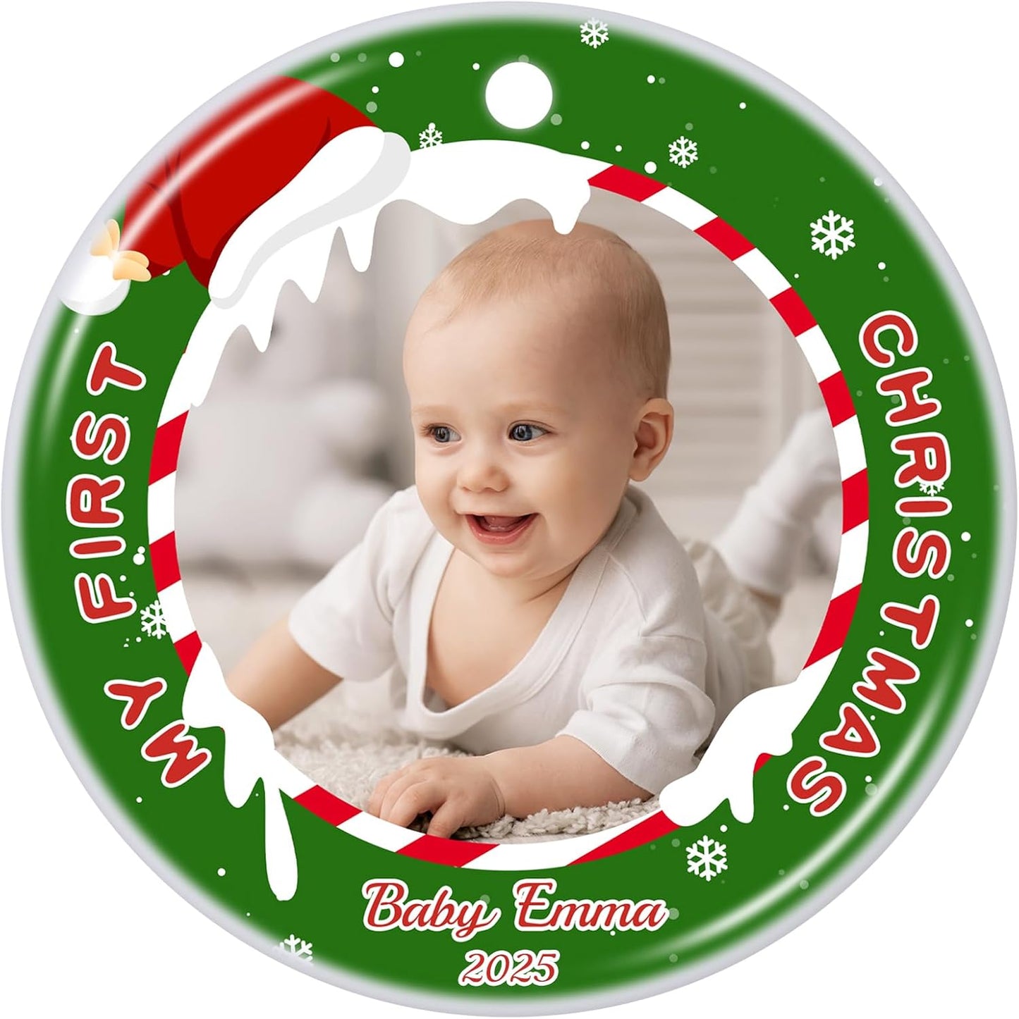 Personalized Baby's First Christmas Ornament 2025, Ceramic Custom Photo Text Christmas Ornament Customized Photo Ornament Christmas Tree Decorations Gift for New Parents Mom Dad Newborn Baby