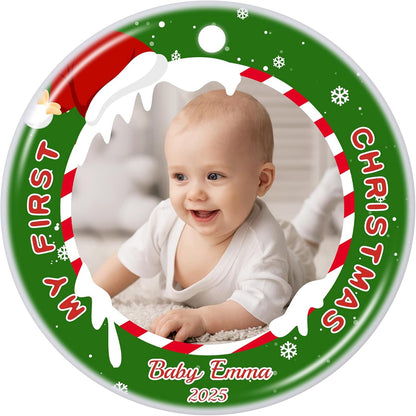 Personalized Baby's First Christmas Ornament 2025, Ceramic Custom Photo Text Christmas Ornament Customized Photo Ornament Christmas Tree Decorations Gift for New Parents Mom Dad Newborn Baby