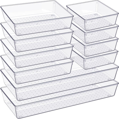 Criusia Drawer Organizer, 10 Pack Large Clear Plast Set, 3 Size Versatile Bathroom and Vanity Organizer Trays, Storage Bins for Makeup, Bedroom, Kitchen Utensils