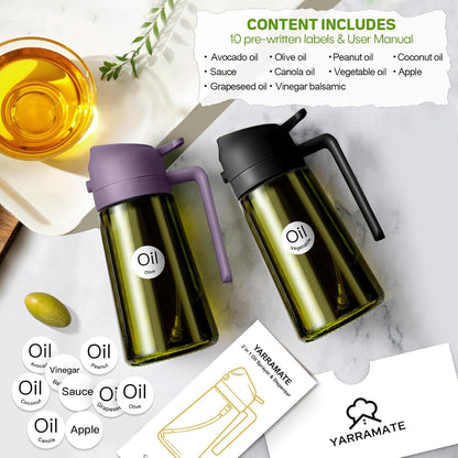 YARRAMATE 2Pcs 16oz/470ml Dark Green Oil Sprayer for Cooking with Stickers, Food-grade Premium 2 in 1 Olive Oil Dispenser Bottle for Kitchen Gadgets, Air Fryer, Salad, Frying, BBQ (Black&Purple)
