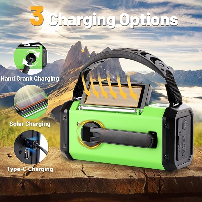 Emergency Hand Crank Radio with 10000mAh/37000mWh Battery Backup, AM FM NOAA Weather Radio, Type-C Charge,Solar Radio,SOS, 3 Modes LED Flashlight，Reading Lamp, Compass for Outdoor Survival