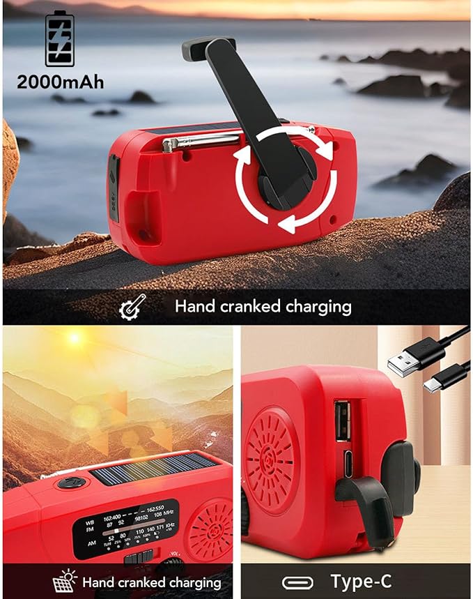 Emergency Hand Crank Radio, Solar AM FM Weather Band Emergency Radio with 2000mAh Power Bank for Emergencies, Camping