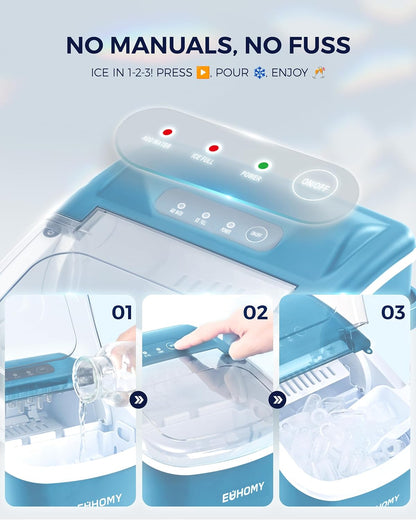 EUHOMY Countertop Ice Maker Machine with Handle, 26lbs Per Day, 9 Ice Cubes Ready in 6 Mins, Auto-Cleaning Portable Ice Maker with Basket and Scoop, for Home/Kitchen/Camping/RV (Blue)