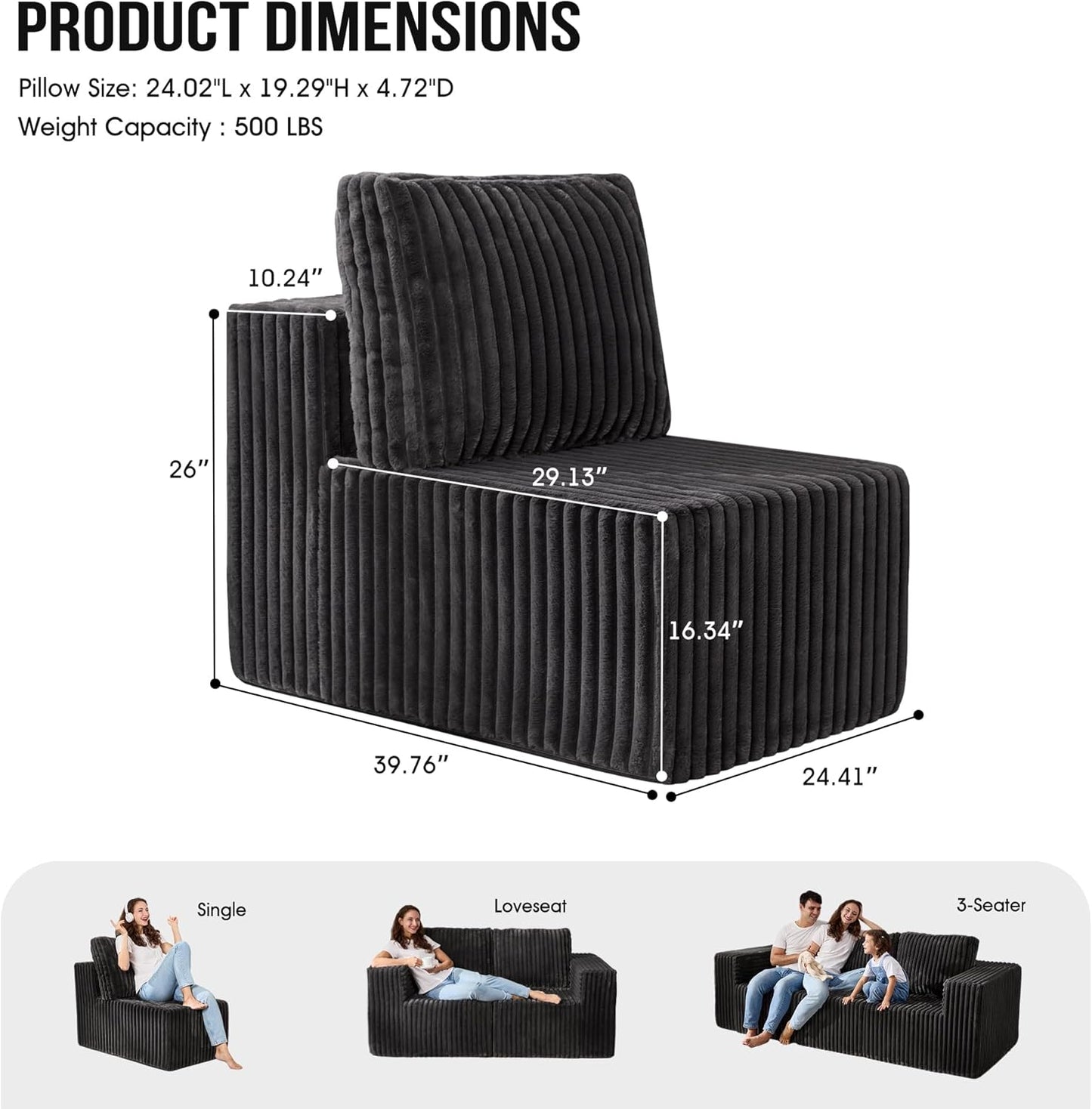 Single Sofa 1 Seat Couch with Deep Seat Memory Foam Cloud Chair with Pillows Large Sofa with L Shape for Living Room Bedroom (Strip Grey, Single)