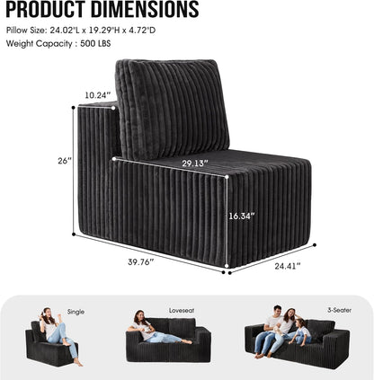 Single Sofa 1 Seat Couch with Deep Seat Memory Foam Cloud Chair with Pillows Large Sofa with L Shape for Living Room Bedroom (Strip Grey, Single)