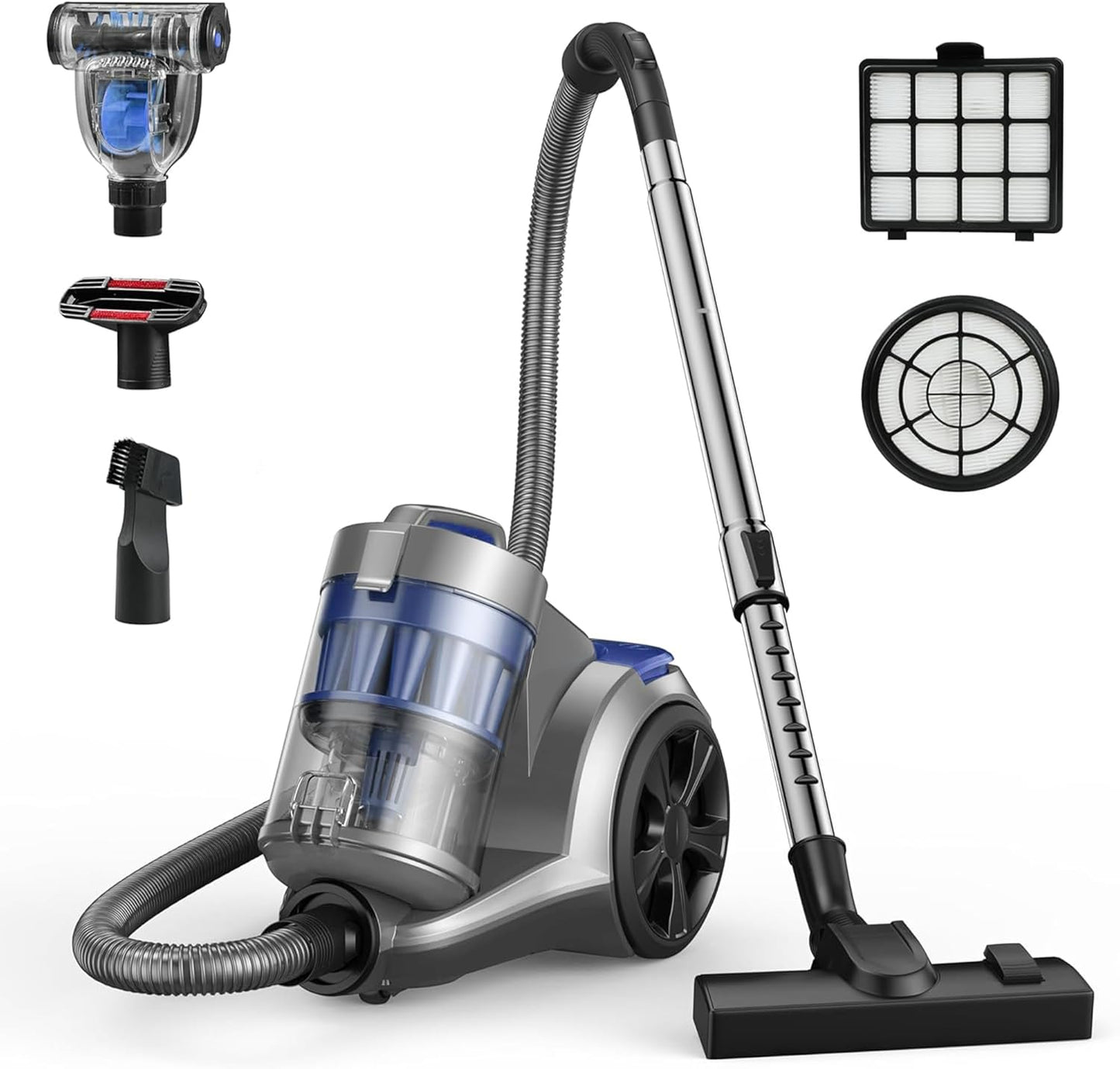 1700W Canister Vacuum Cleaner, 32Kpa Bagless Vacuum Cleaner, Multi-Cyclonic Filtration, 2 Anti-Allergen HEPA Filters, 3.5QT Dust Cup, 4 Tools, Corded Vacuum for Hard Floor, Pet Hair, Navy Blue