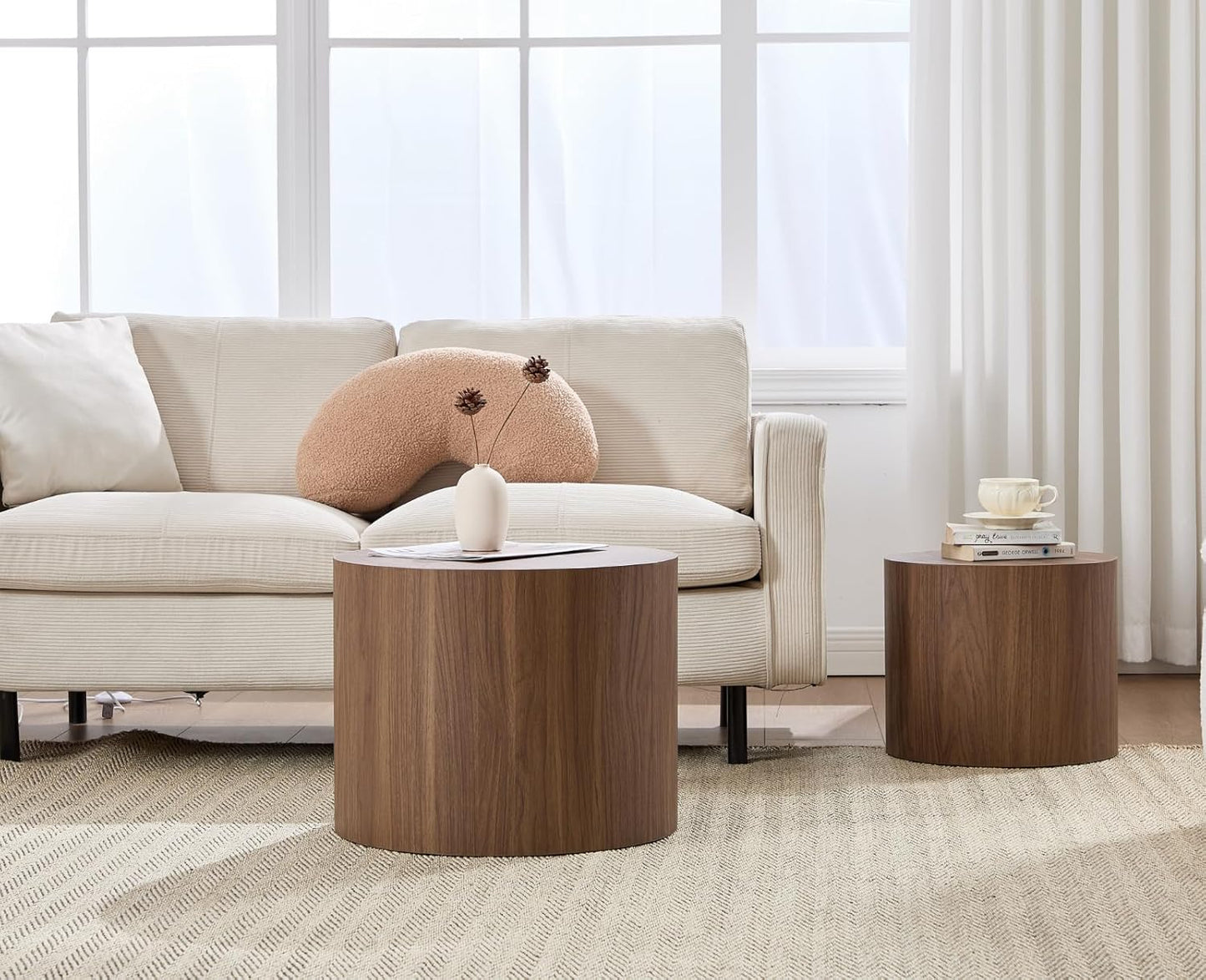 EALSON Nesting Coffee Tables Set of 2 Farmhouse Small Round End Tables Modern Wood Circle Side Table Drum Table for Living Room Small Spaces Bedroom Balcony, No Assembly, Walnut