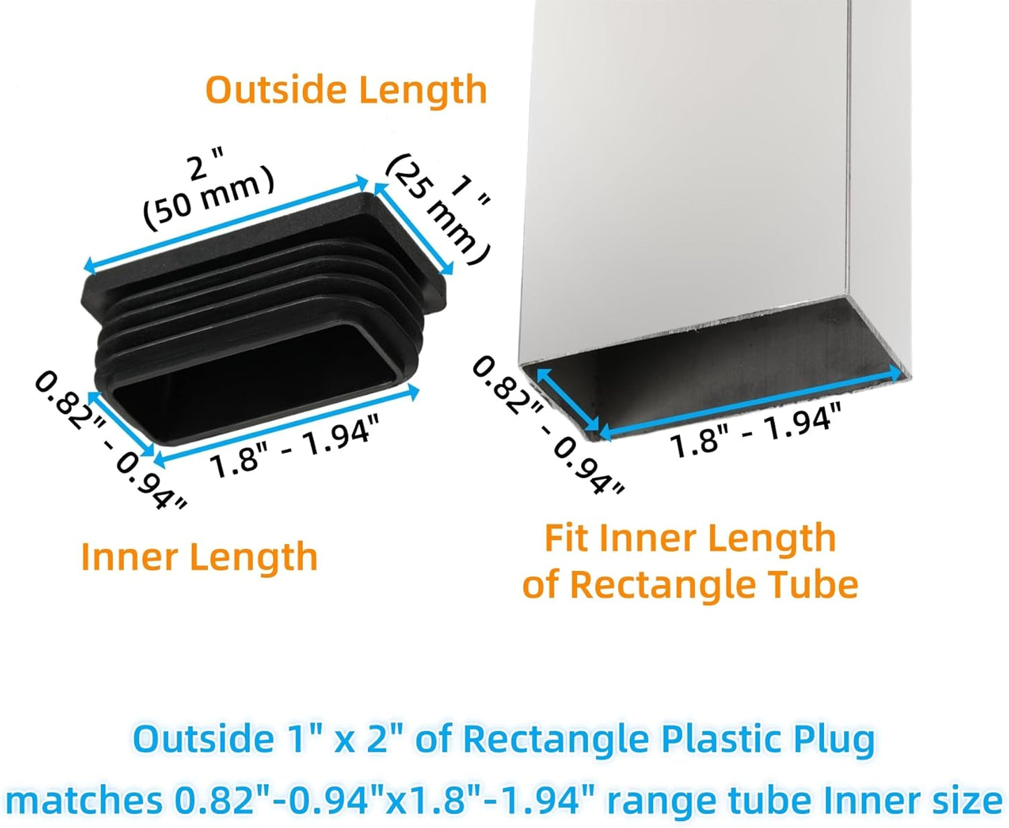 Furnigear Plastic Plugs Tubing End Cap Chair End Caps Outside Bottom Tubing Caps Round Square Rectangle Furniture Sliders Glides Black (24, Fit 1.8-1.94" x 0.82-0.94" Rectangle Tube Inner Size)