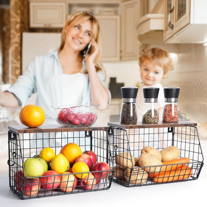 Fruit Bowl, Stackable Wall Mounted Fruit Basket of Smooth Wood Lid with 4 Banana Hanger Hooks, Metal Kitchen Counter Organizer for Snack, Fruit and Vegetable Storage, 11.8 * 7.9 * 8.5 Inches