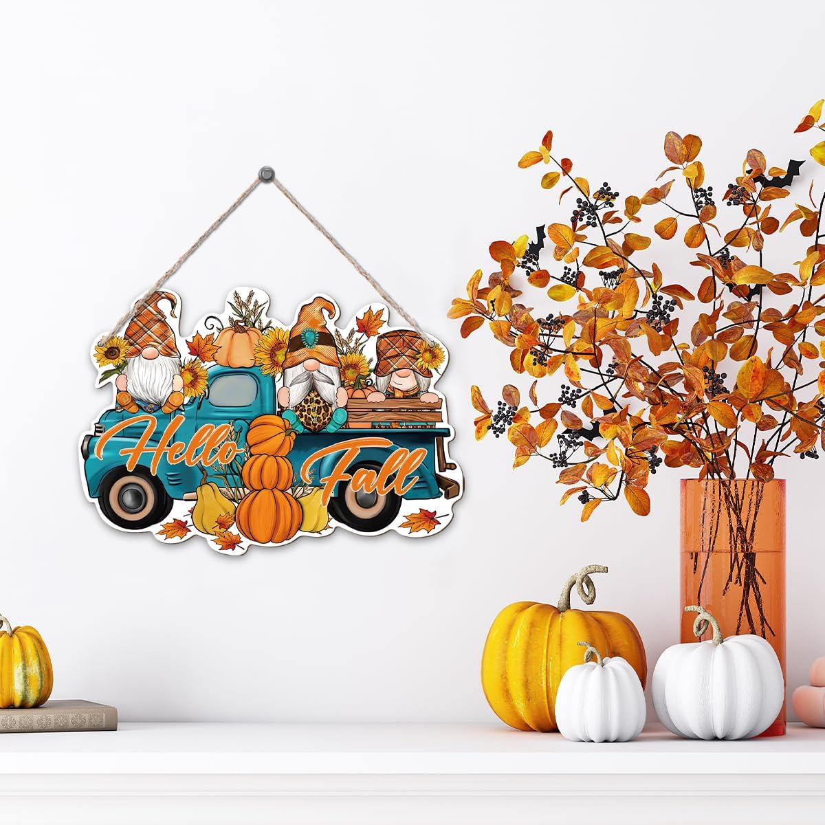 Hello Fall, Wood Hanging Gnome Decoration, Hello Fall Wood Hanging Decors, Rustic Thanksgiving Decors for Porch, Indoor Outdoor Autumn Door Decor(Truck), Housewarming Gift, Home Indoor Outdoor Decor