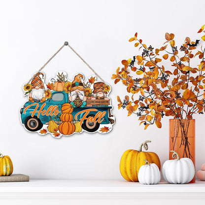 Hello Fall, Wood Hanging Gnome Decoration, Hello Fall Wood Hanging Decors, Rustic Thanksgiving Decors for Porch, Indoor Outdoor Autumn Door Decor(Truck), Housewarming Gift, Home Indoor Outdoor Decor