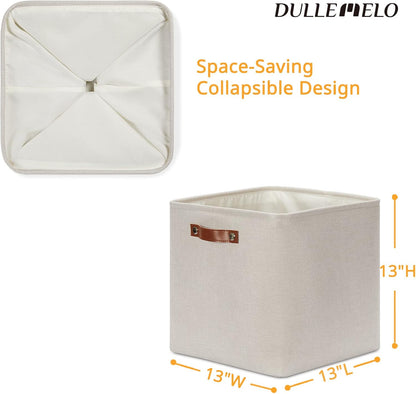DULLEMELO Storage Bins, 4 Pack Of 13x13x13 Decorative Storage Cube Bins Suit Office, Home, Shelves And Closet, Cube Storage Bin with Leather handle(4 Pack - 13" Beige)