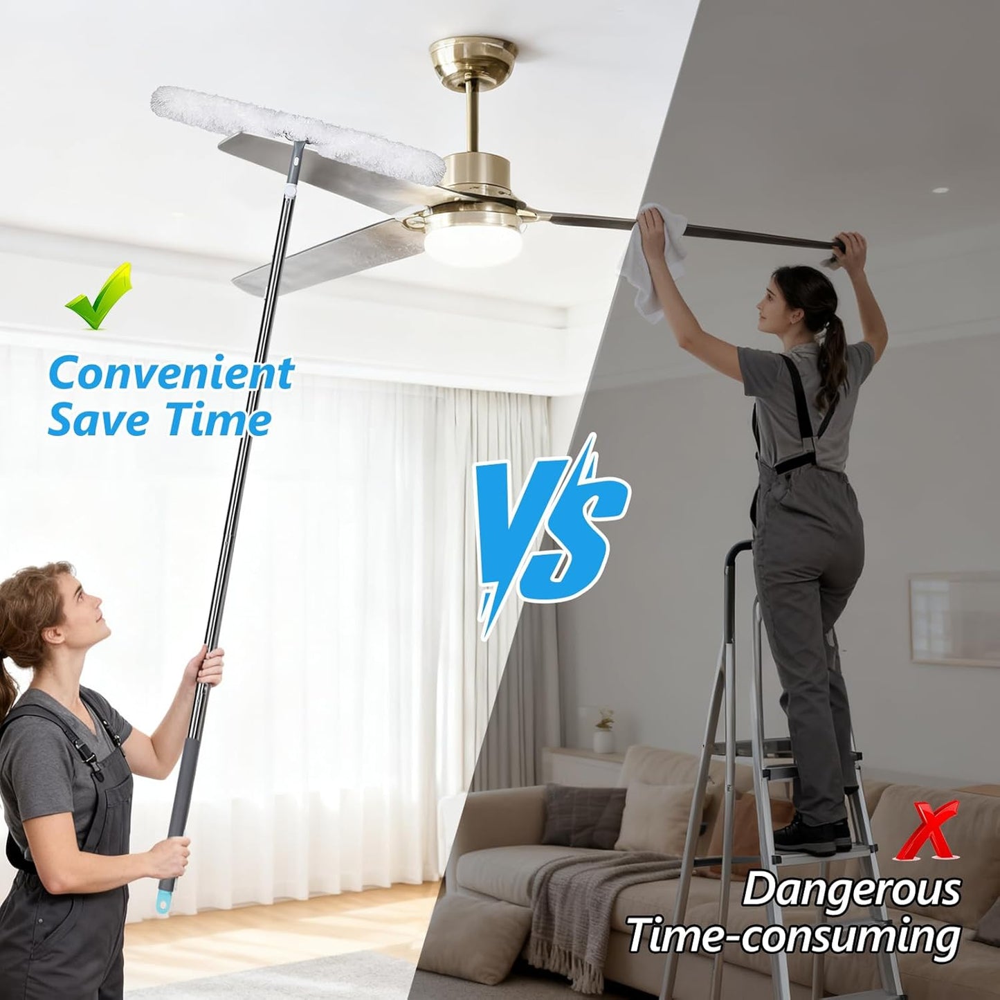 Masthome Microfiber Duster,Microfiber Feather Dusters with Adjustable Angle Head, Adjustable Cobweb Duster with 60 " Long Pole, Dusters for Cleaning Ceiling Fan, High Ceiling, Furniture