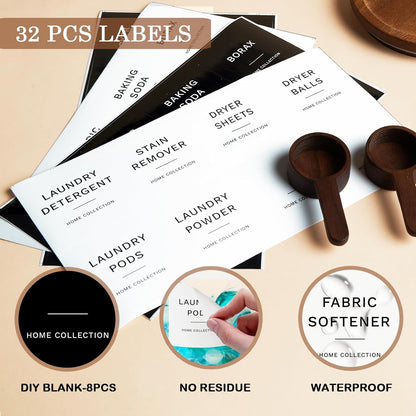 Glass Laundry Storage Containers with Acacia Lids and Scoops, 2 Pack Laundry Room Organization Jars with Labels, Powder Detergent Organizer and Laundry Pod Holder, Glass Laundry Beads Canisters Set