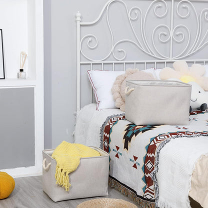 Bidtakay Large Fabric Storage Bins Beige Linen Closet Organizers Set of 2 Baskets for Shelves Clothes Bedroom 16x11.8x11.8 Inch Foldable Organization Baskets for Towels Blankets Storage Dog Toys