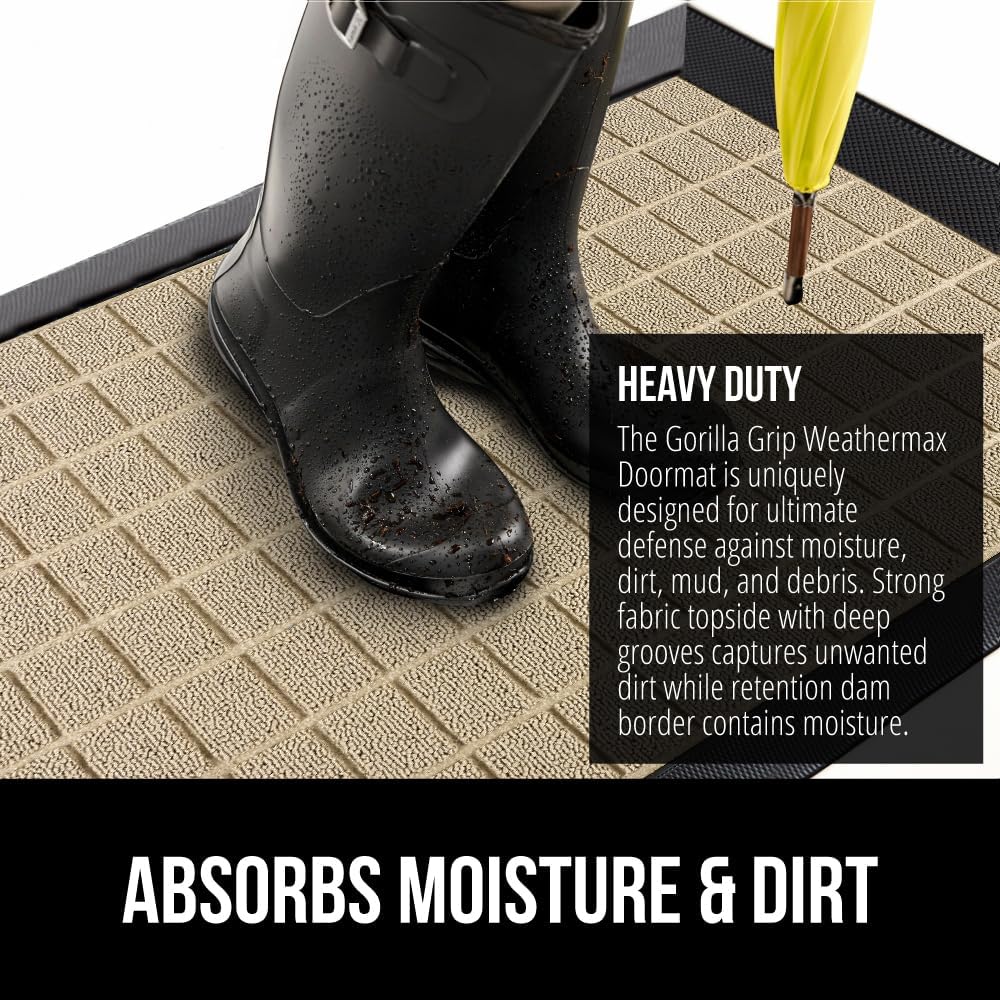GORILLA GRIP 100% Waterproof All-Season WeatherMax Doormat US Designed Natural Rubber, Stain and Fade Resistant, Low Profile Indoor Outdoor Door Mats, Easy Clean Patio Mat, 23x35, Taupe Grid