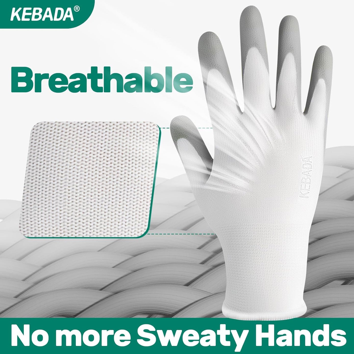 Kebada W1 Work Gloves for Men and Women, 12 Pairs Touchscreen Safety Gloves with Grip, PU-Coated, Ideal for Light & Medium Duty Tasks, White, Small