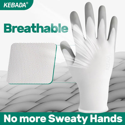 Kebada W1 Work Gloves for Men and Women, 12 Pairs Touchscreen Safety Gloves with Grip, PU-Coated, Ideal for Light & Medium Duty Tasks, White, Small