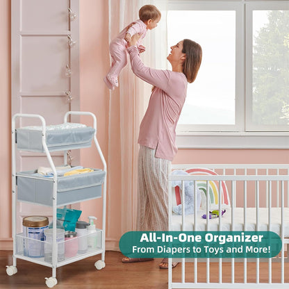 Moteph Rolling Utility Cart with Wheels - Baby Organizers for Nursery Essentials, Diaper Organizer, Art & Craft Storage, Book Cart (Without_Side_Storage)