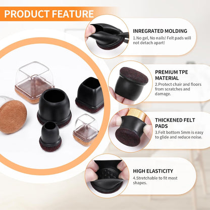 Ezprotekt 24 Pcs Round Silicone Chair Leg Floor Protectors with Felt, Floor Protectors for Chair, Felt Furniture Pads, Chair Leg Caps Cover, Bar Stool Leg Floor Protectors (L Fit: 1.1" - 1.3", Black)
