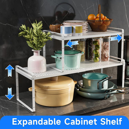 Expandable Cabinet Shelf Organizers, Kitchen Small Stand Rack Organization for Countertop Cupborad Pantry, White 1 Pack