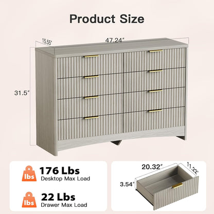 Pipishell Fluted 8 Drawers Dresser for Bedroom, 47" Wooden Drawers with Metal Handle, Dressers with Round Edge Design, Closet Clothes Storage Organizer for Bedroom, Hallway, Grey