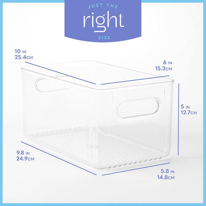 Plastic Food Storage 2 Pack Clear Container Bin with Handles for Organizing Kitchen, Pantry, Refrigerator, Freezer, Pantry, Cabinet, Closet, Bathroom. 10”x6”x5”