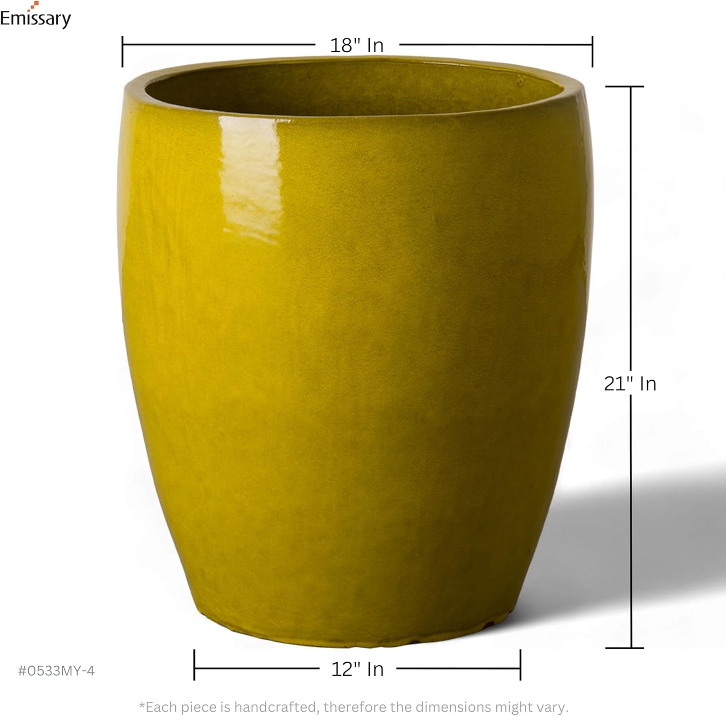 Emissary Bullet 18 in. Mustard Yellow Ceramic Round Planter (18 in. L x 18 in. W x 21 in. H) with Drainage Hole