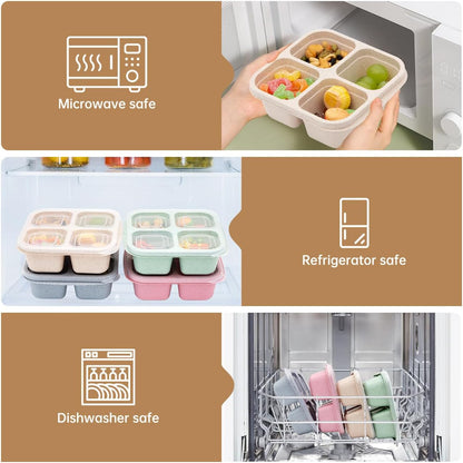 4 Pack Bento Lunch Box，4 Compartment Snack Containers，Divided Bento Snack Box，Meal Prep Containers Kids/Toddle/Adults,Food Storage Containers for School, Work and Travel