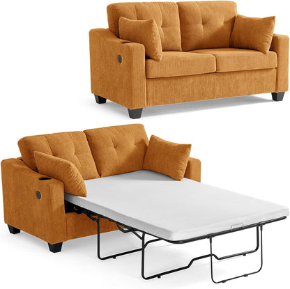 Pull Out Sofa Bed, Full Size Sleeper Sofa, 2-in-1 Convertible Corduroy Couch with USB Charging, Memory Form Couch for Living Room, Apartment and Small Space (Mustard Yellow, Corduroy - Full Size)