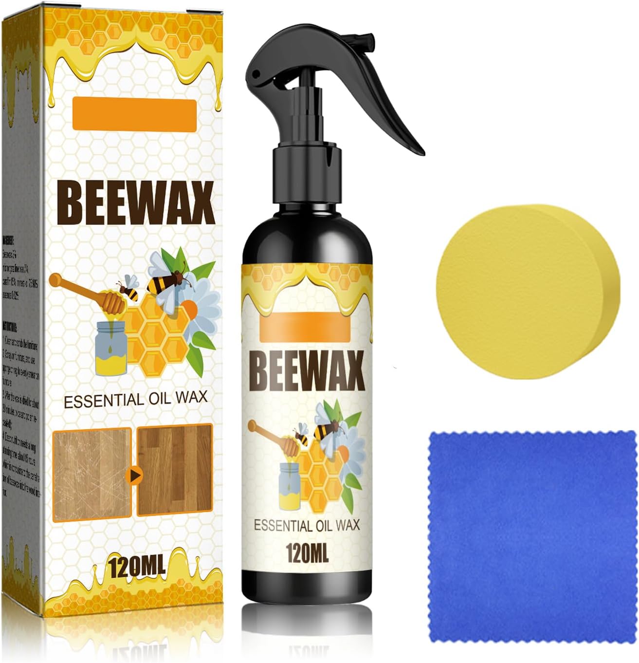 Beeswax Spray Cleaner with Sponge & Towel for Wood Furniture, Natural Beeswax Care For Wood Floors, Furniture, Tables, Cabinets (Lemon)