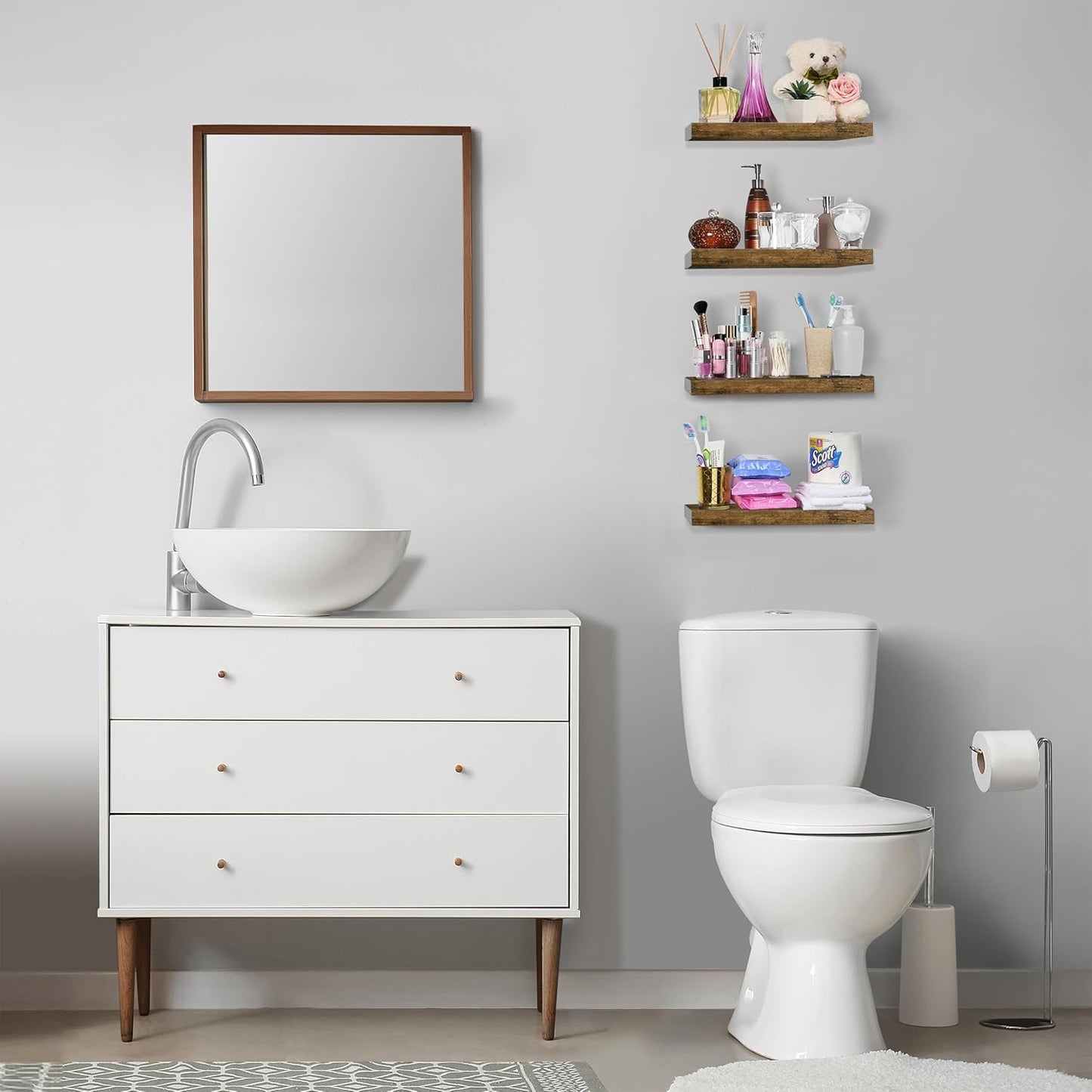 Sorbus Floating Shelves for Wall, Bathroom Shelves Wall Mounted for Kitchen, Bedroom, Living Room, Bathroom Storage, Over Toilet, Hanging Book Shelf for Ｗall Home Decor (Rustic Brown, 4 Pack)