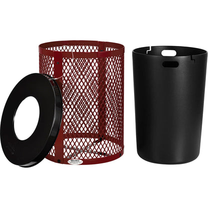 Global Industrial Outdoor Diamond Steel Trash Can with Flat Lid and Plastic Liner, 36 Gallon Capacity, Red, Thermoplastic Coating, 23-1/2" Diameter, 30" H