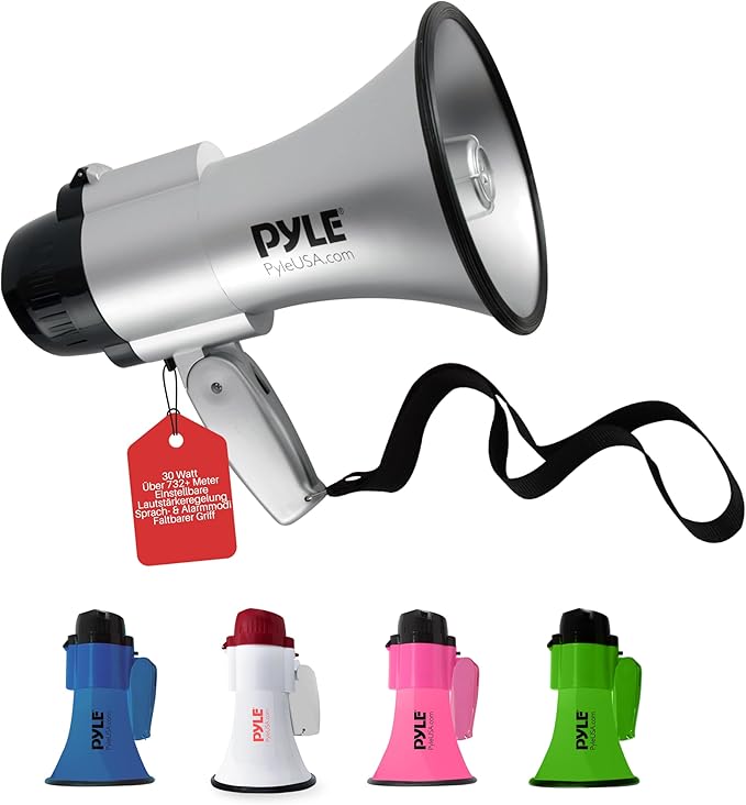 Pyle Portable Megaphone Speaker Siren Bullhorn - Compact and Battery Operated with 30 Watt Power, Microphone, 2 Modes, PA Sound and Foldable Handle for Cheerleading and Police Use - PMP33SL (Silver)