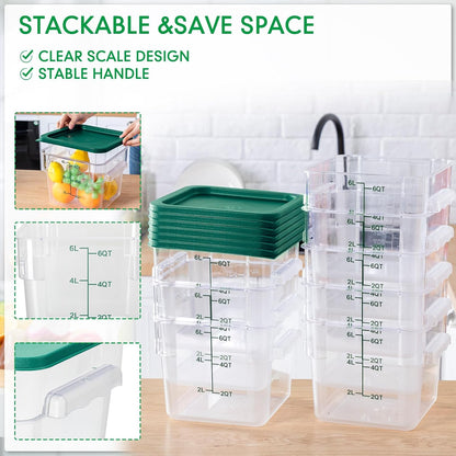 Lallisa 8 Pack 6 Qt Commercial Food Storage Containers with Lids Square Food Storage Container Clear Cereal Storage Containers for Kitchen Freezer Pantry Restaurant Flour Sugar(Green Lids)