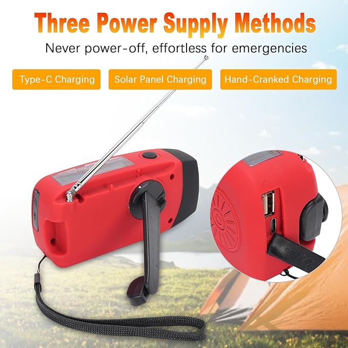 2000mAh Wind Up Radio, Portable Solar Emergency Radio with SOS Alarm, AM FM Weather and Torch, for Power Outage Camping Hiking (Red)