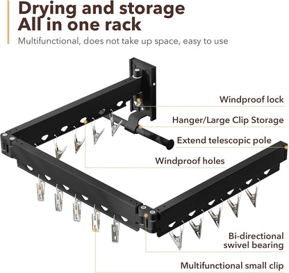 Wall Mounted Clothes Hanger, Aluminum Clothes Drying Rack, Space Saver, Retractable, Windproof Holes, with Clips