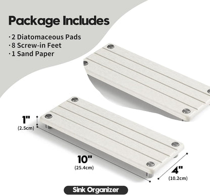 2 Pack Fast Drying Water Absorbing Diatomite Stone Mat Tray for Kitchen & Bathroom Counter - Instant Dry Sink Caddy Organizer - Vanity Holder for Soap and Sponge – Beige Gray 10" x 4"